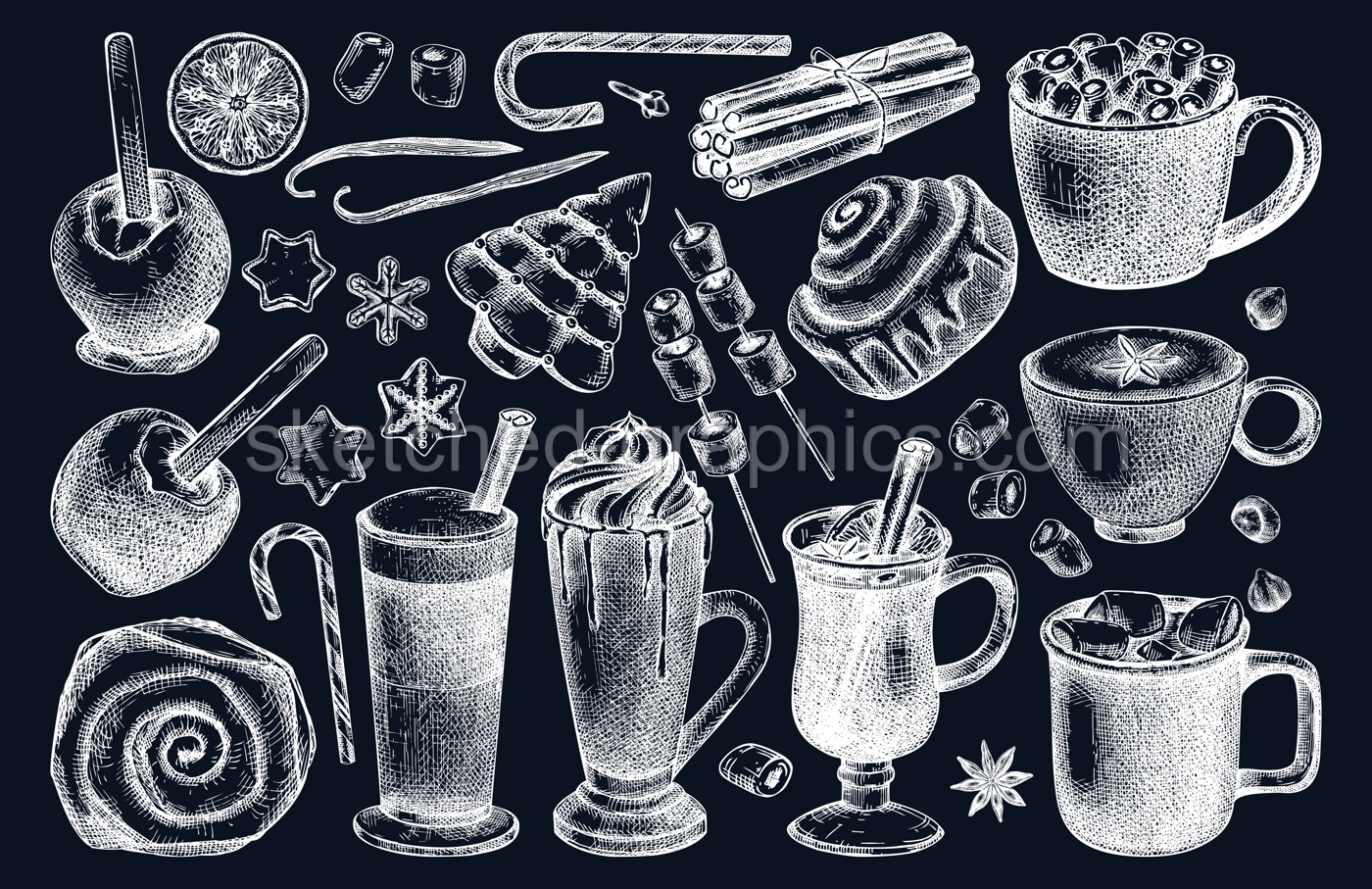 Hot drinks menu design. Mulled wine, coffee, hot chocolate, cocoa, spices, sweet food and baking goods vector sketches. Christmas food illustrations. Winter drinks in sketched style on chalkboard Illustration